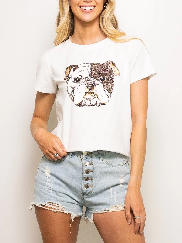 Bulldog head tee- White Notch Collar Peter Pan Collar Cowl Neck