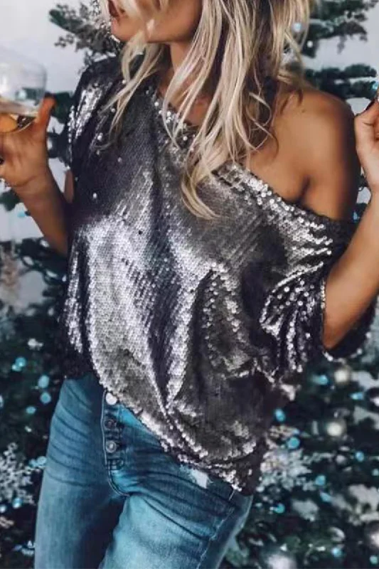 Solid Sequins One Shoulder T-Shirts Sequined Glittery Shiny