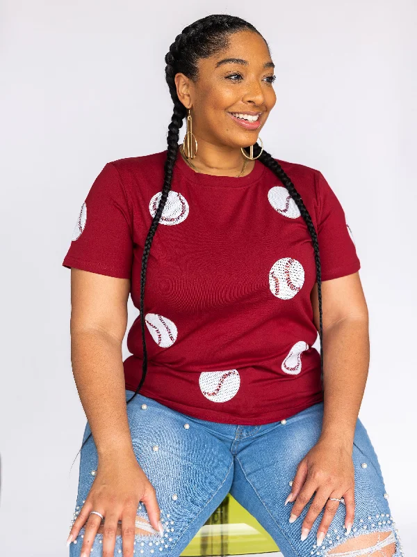 Fly Balls Maroon Baseball Tee Notch Collar Peter Pan Collar Cowl Neck