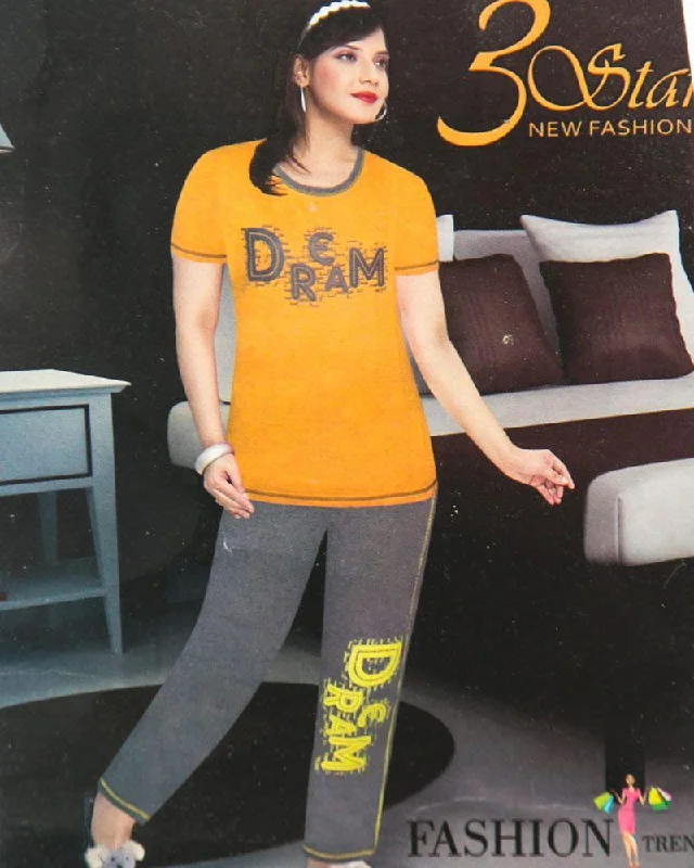 Ladies Nightdress & Pajama Sets with T-shirt by 3 Star - Yellow & Grey Mesh Blend Leather Blend Suede Blend Ladies Nightdress & Pajama Sets with T-shirt by 3 Star - Yellow & Grey Mesh Blend Leather Blend Suede Blend
