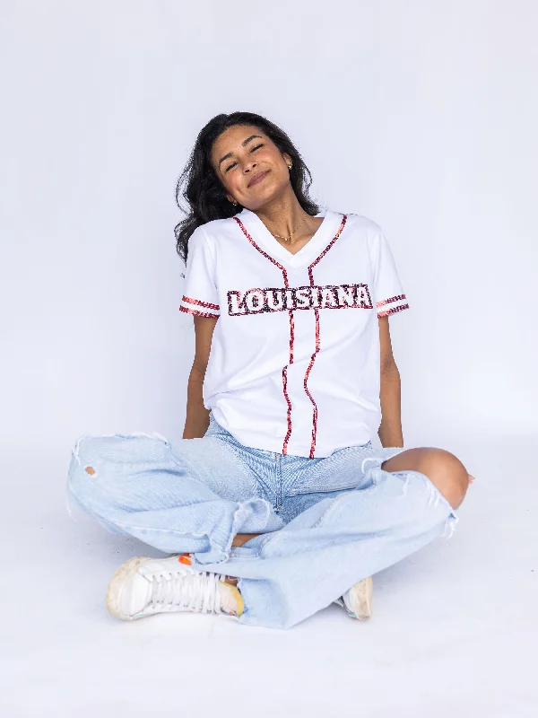 Sparkle Slugger Louisiana Jersey Tee - Ragin Cajuns Spandex Blend Rayon Blend Denim Blend