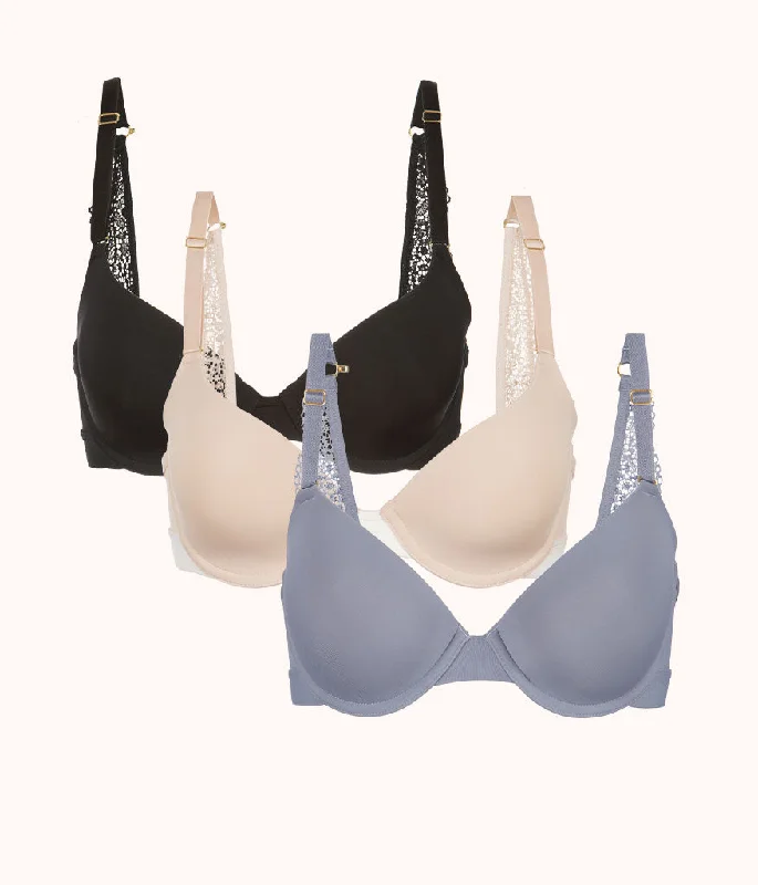 The T-Shirt Bra Trio: Toasted Almond/Jet Black/Smoke Chenille Fabric Brocade Fabric Lace Fabric