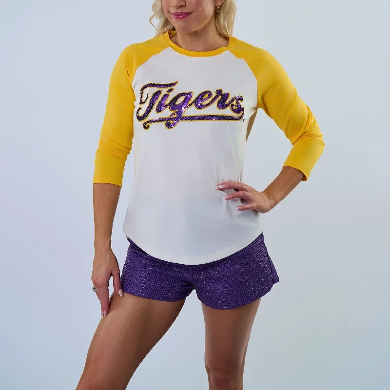 LSU "Tigers" Yellow Raglan Tee Boxy Fit Fitted Loose