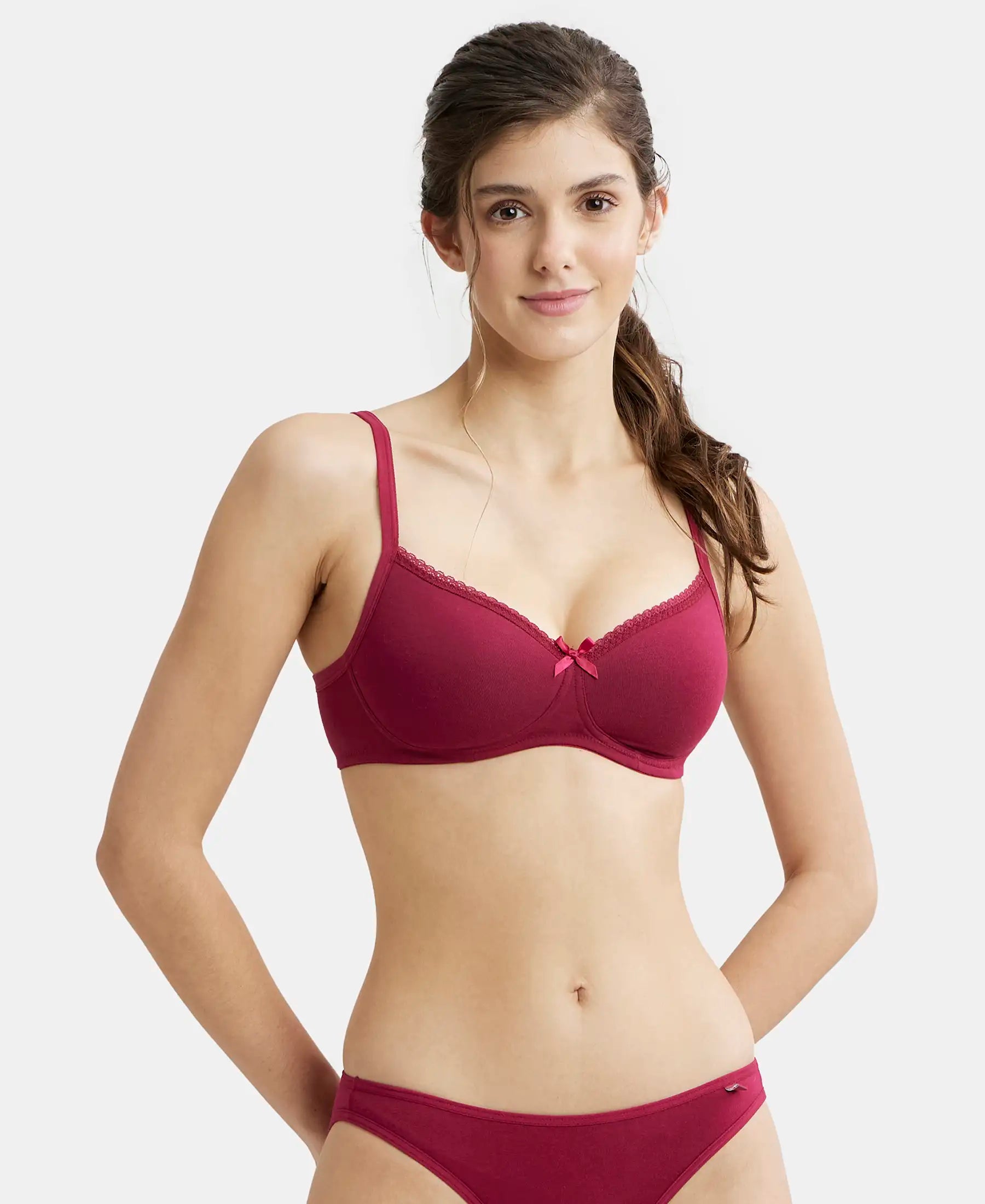 Wirefree Padded Plus Size Super Combed Cotton Elastane Stretch Medium Coverage T-Shirt Bra with Lace Styling - Beet Red Cozy Warm Stylish Wirefree Padded Plus Size Super Combed Cotton Elastane Stretch Medium Coverage T-Shirt Bra with Lace Styling - Beet Red Cozy Warm Stylish