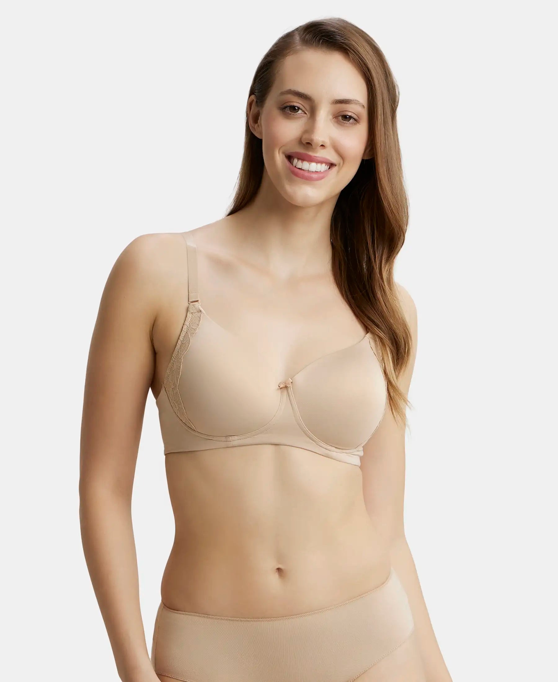 Wirefree Padded Soft Touch Microfiber Elastane Stretch Full Coverage T-Shirt Bra with Lace Styling - Light Skin Ribbed Striped Patterned Wirefree Padded Soft Touch Microfiber Elastane Stretch Full Coverage T-Shirt Bra with Lace Styling - Light Skin Ribbed Striped Patterned