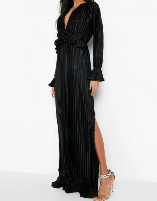 2022 Spring Women Clothing French Style Retro V-neck Ruffled Casual Elegant Maxi Dress Pleated Cozy Maxi Dress with Slit 2022 Spring Women Clothing French Style Retro V-neck Ruffled Casual Elegant Maxi Dress Pleated Cozy Maxi Dress with Slit