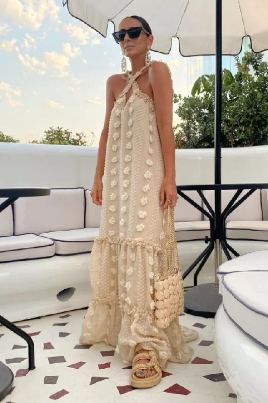 3D Flower Patchwork Halter Maxi Dress Elegant Sleeveless Maxi Dress