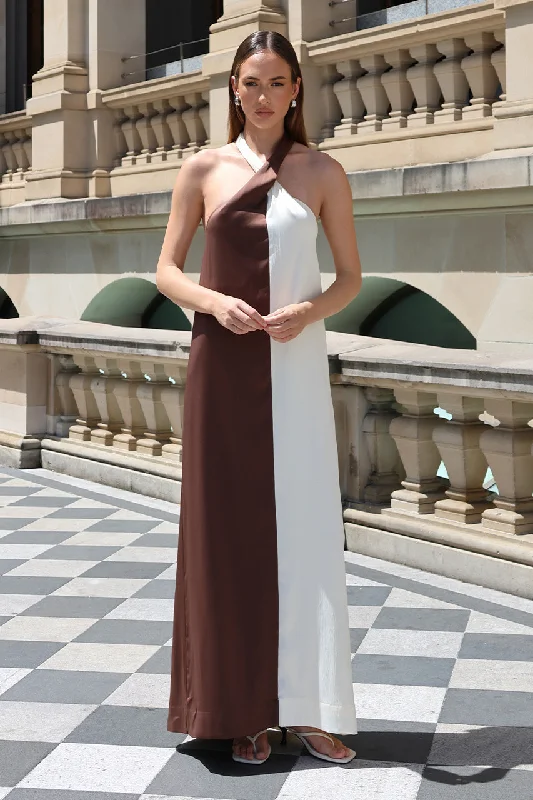 Amber Maxi Dress | Choc/White Trendy Satin Maxi Dress