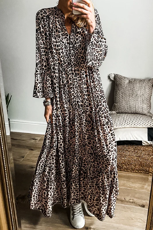 Apricot Leopard Print Tiered Wide Sleeve Maxi Dress Elegant Tiered Maxi Dress