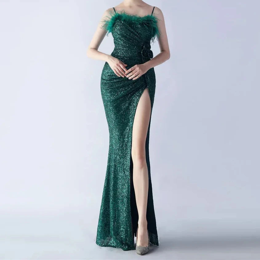 Arden Feather Spaghetti Straps Sequin Maxi Dress Comfortable T-Shirt Maxi Dress