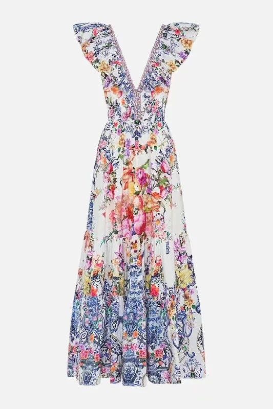 Ava Ruffle Floral Printed V-neck Maxi Dress Elegant Tiered Maxi Dress