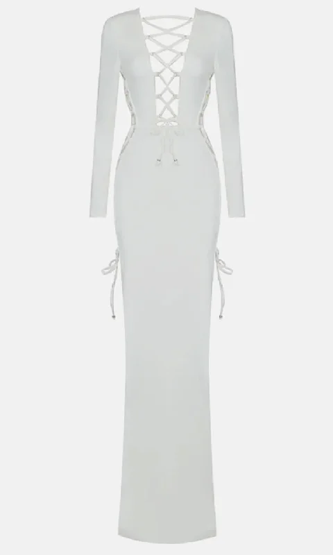 Baring My Soul White Long Sleeve Crisscross Lace Up Plunge V Neck Cut Out Sides Backless Side Slit Bandage Maxi Dress Fashionable Maxi Dress with Fringe Baring My Soul White Long Sleeve Crisscross Lace Up Plunge V Neck Cut Out Sides Backless Side Slit Bandage Maxi Dress Fashionable Maxi Dress with Fringe