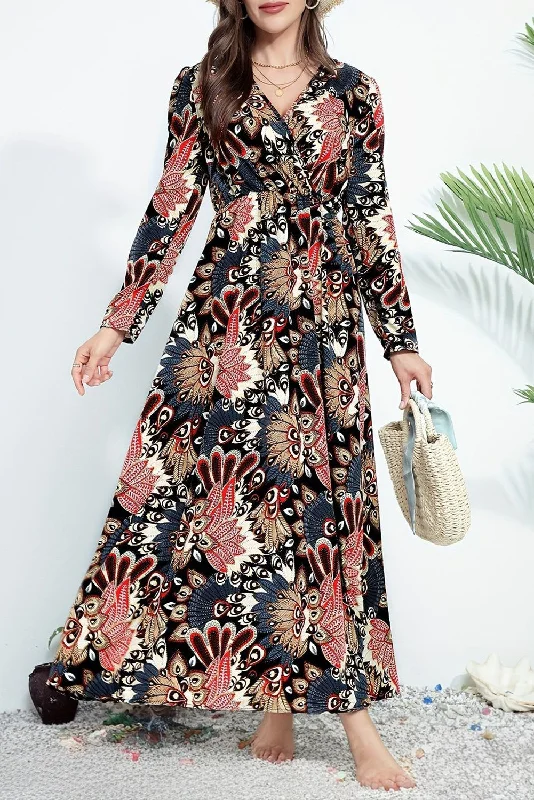 Black Floral Print V Neck Wrap High Waist Maxi Dress Cozy Maxi Dress with Slit