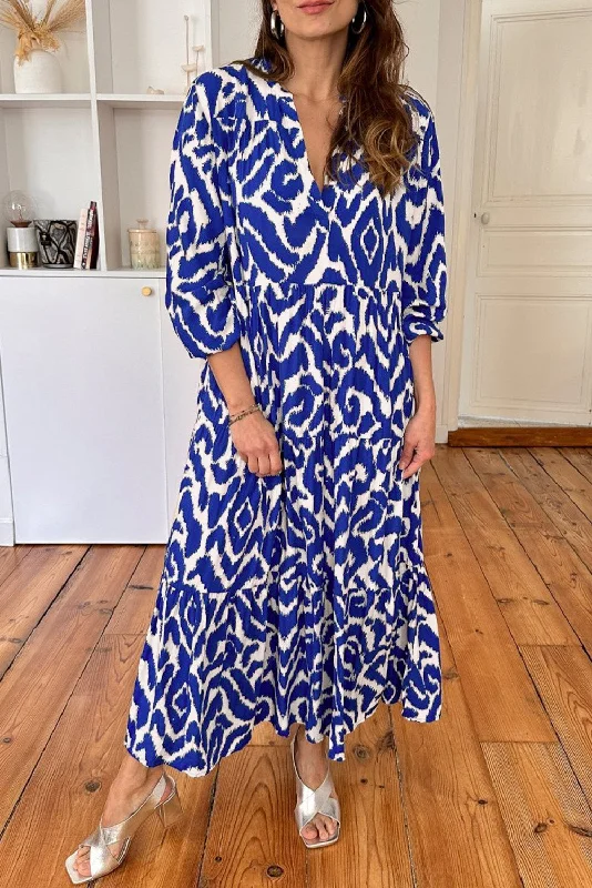 Blue Western Abstract Geometric Printed Maxi Dress Elegant Pleated Maxi Dress