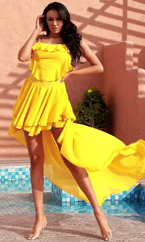 Breeze By Canary Yellow Chiffon Sleeveless Spaghetti Strap Tie Round Neckline Ruffle Tiered Layered Asymmetrical Hem Maxi Dress Stylish Boho Chic Maxi Dress Breeze By Canary Yellow Chiffon Sleeveless Spaghetti Strap Tie Round Neckline Ruffle Tiered Layered Asymmetrical Hem Maxi Dress Stylish Boho Chic Maxi Dress