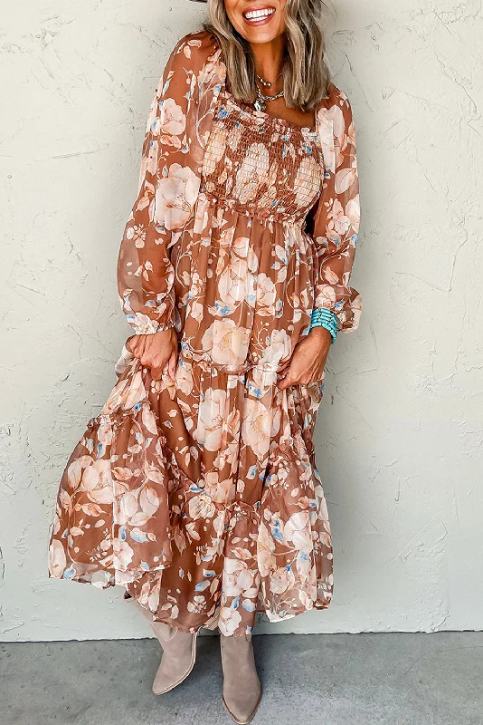 Brown Floral Print Shirred Square Neck High Waist Maxi Dress Comfortable Satin Maxi Dress Brown Floral Print Shirred Square Neck High Waist Maxi Dress Comfortable Satin Maxi Dress