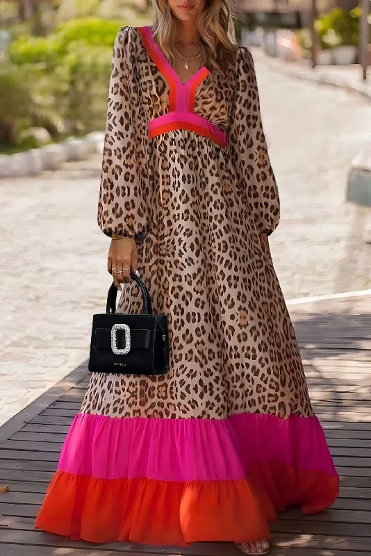 Brown Leopard Color Block V Neck Loose Fit Maxi Dress Fashionable Button-Down Maxi Dress