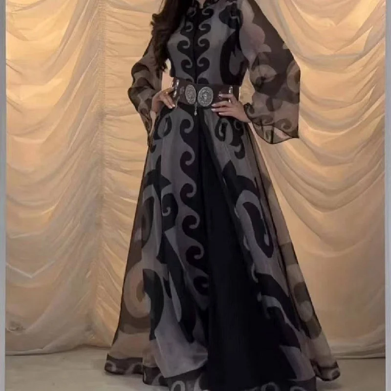 Cantara Long Sleeve Belted Chiffon Maxi Dress Elegant Maxi Dress with Drapes