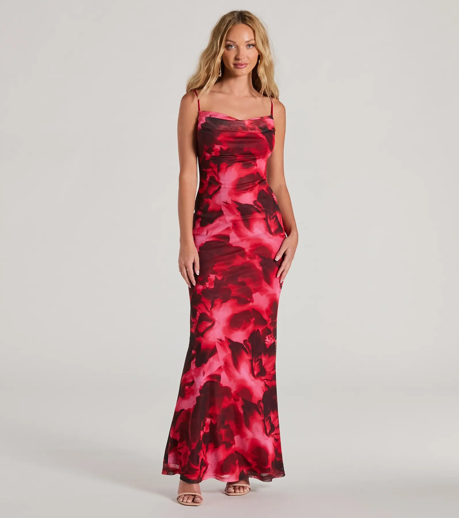 Catch Attention Cowl Neck Abstract Floral Maxi Dress Comfortable Casual Maxi Dress