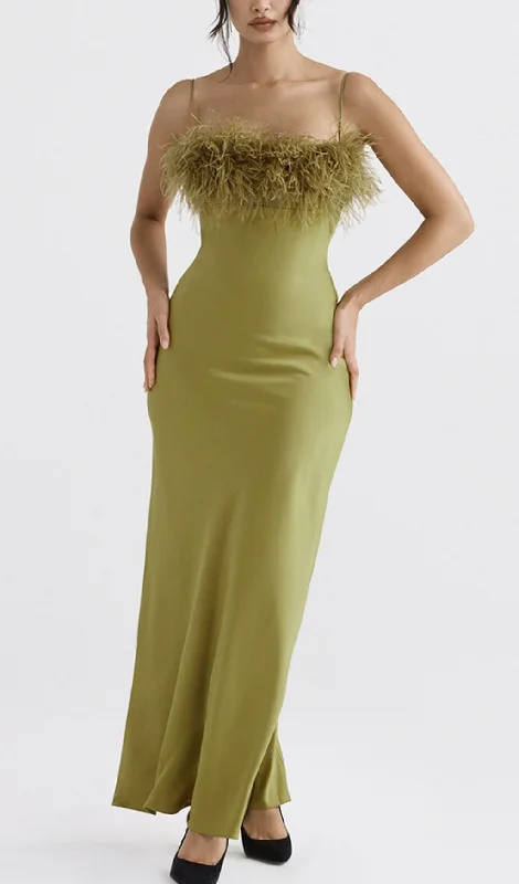 CHARTREUSE FEATHER MAXI DRESS Chic Button-Up Maxi Dress