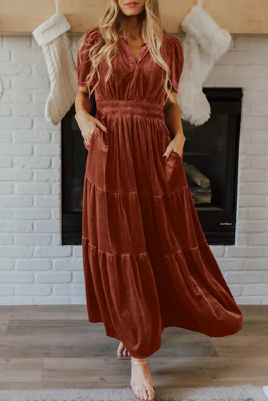 Chestnut Velvet Short Sleeve Shirred Waist Tiered Maxi Dress Fashionable High-Waist Maxi Dress