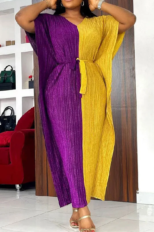 Color Block Patchwork Bright Lace-Up Maxi Dress Cozy Spaghetti Strap Maxi Dress