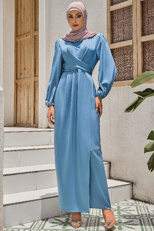 Blue Criss Cross Satin Faux Wrap Maxi Dress-CLEARANCE Elegant Floral Maxi Dress