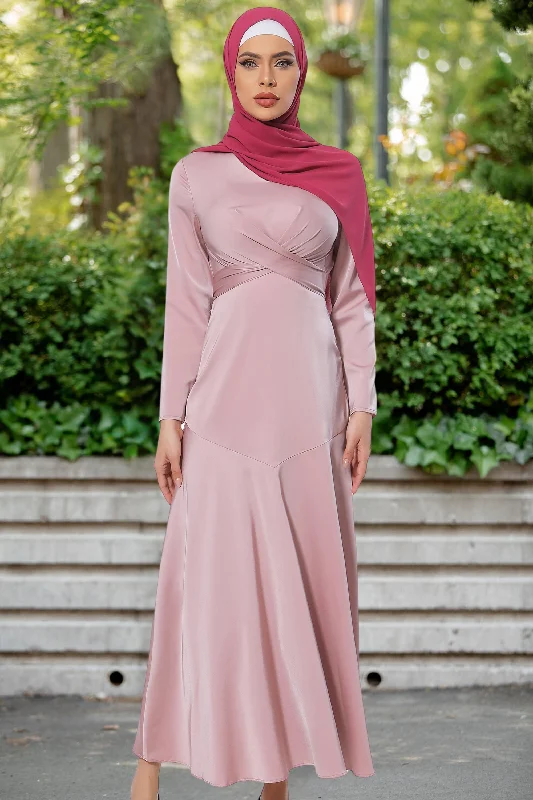 Pink Criss Cross Satin Long Sleeve Maxi Dress-CLEARANCE Cozy Longline Maxi Dress