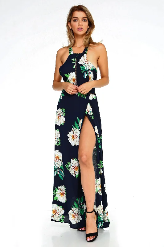 Women's Floral Sleeveless Slit Maxi Dress Fashionable Asymmetrical Maxi Dress