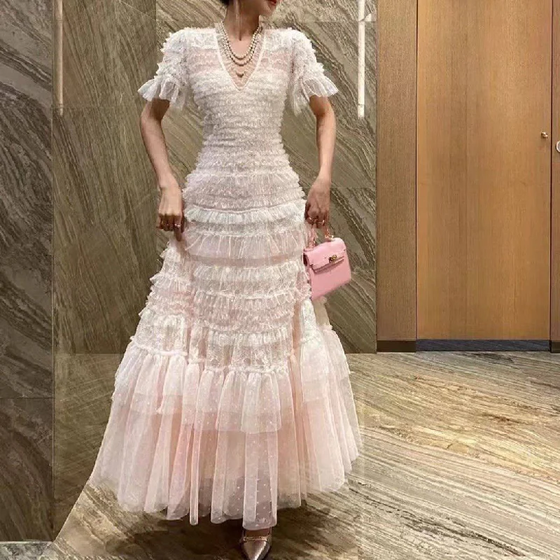 Eleanor Tulle Ruffle Square Neck Maxi Dress Elegant Maxi Dress with Slit
