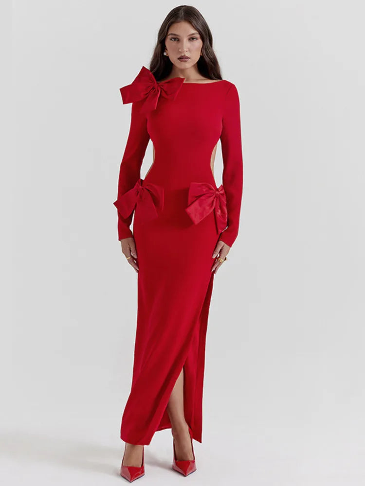 Elegant Bow Backless Sexy Maxi Dress For Women Fashion Red O Neck Long Sleeve Bodycon Club Party Long Dress New Stylish One-Shoulder Maxi Dress Elegant Bow Backless Sexy Maxi Dress For Women Fashion Red O Neck Long Sleeve Bodycon Club Party Long Dress New Stylish One-Shoulder Maxi Dress