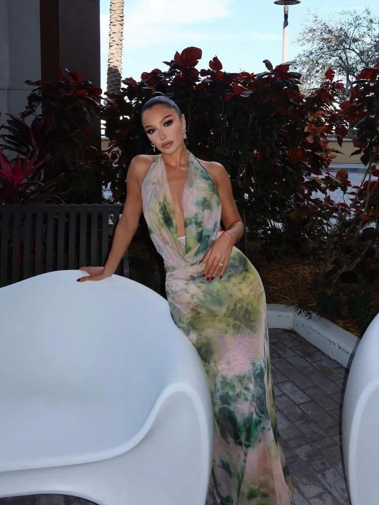 Elegant Ink Print Halter Chiffon Maxi Dress For Women Summer New Sleeveless Backless Vestidos Female High Street Holiday Robe Cozy Longline Maxi Dress Elegant Ink Print Halter Chiffon Maxi Dress For Women Summer New Sleeveless Backless Vestidos Female High Street Holiday Robe Cozy Longline Maxi Dress