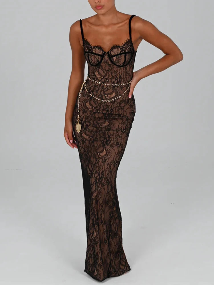 Elegant Lace Print Maxi Dress For Women Spaghetti Strap Sleeveless Backless Bodycon Club Party Sexy Evening Dress Trendy Maxi Dress with Lace Elegant Lace Print Maxi Dress For Women Spaghetti Strap Sleeveless Backless Bodycon Club Party Sexy Evening Dress Trendy Maxi Dress with Lace