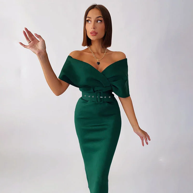 Elegant Shoulder-Baring Dress with Belt Spring High Waist Waist Show Waist Temperament Maxi Dress Comfortable Fitted Maxi Dress Elegant Shoulder-Baring Dress with Belt Spring High Waist Waist Show Waist Temperament Maxi Dress Comfortable Fitted Maxi Dress