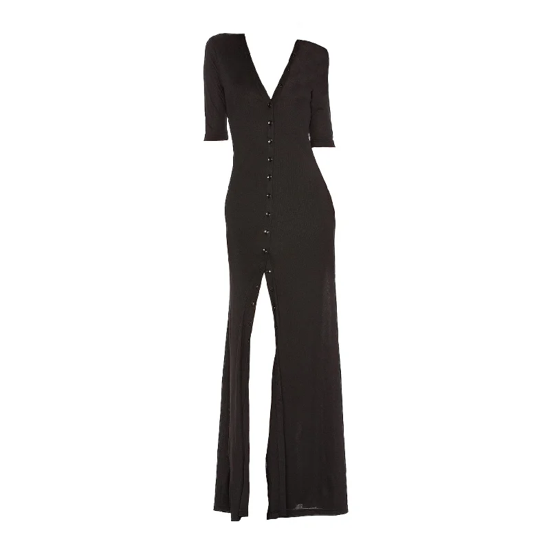 Erin Rib Button Up Maxi Dress - Black Cozy Ribbed Maxi Dress