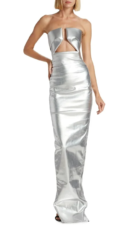FAUX LEATHER STRAPLESS MAXI DRESS IN SILVER Fashionable Off-Shoulder Maxi Dress
