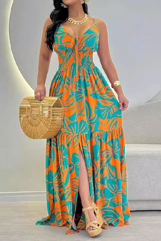 Floral Print Beachy Lace-Up Strap Shirred High Split Maxi Dress Chic Button-Up Maxi Dress