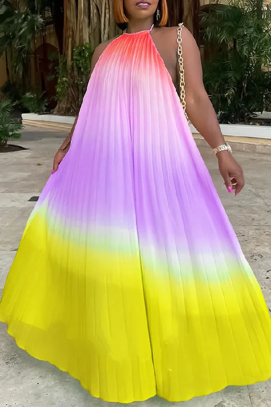 Gradient Colorful Pleated Halter Collar Backless Maxi Dress Elegant Tiered Maxi Dress Gradient Colorful Pleated Halter Collar Backless Maxi Dress Elegant Tiered Maxi Dress