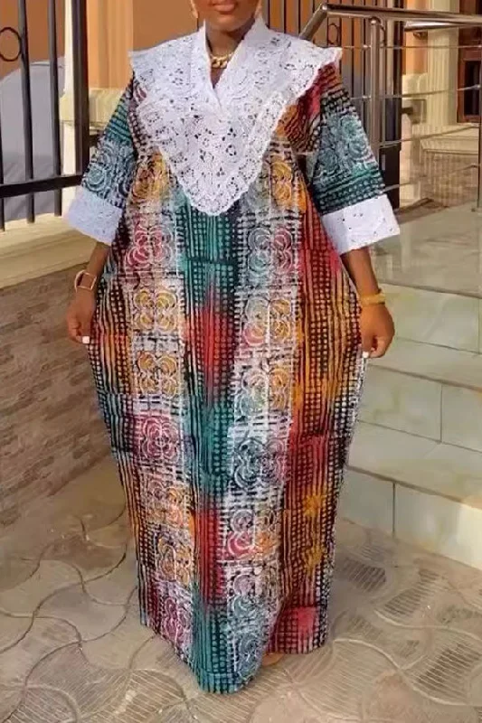 Gradient Geometric & Floral Mixed Print Ethnic Lace Patchwork Maxi Dress Fashionable Printed Maxi Dress Gradient Geometric & Floral Mixed Print Ethnic Lace Patchwork Maxi Dress Fashionable Printed Maxi Dress