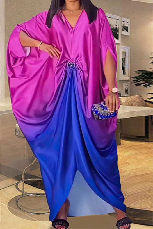 Gradient Glamorous O-ring Design Irregular Maxi Dress Chic Button-Up Maxi Dress