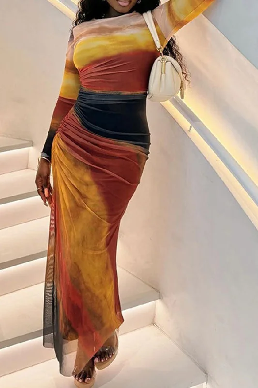 Gradient Simple Ruched Round Neck Maxi Dress Trendy Off-Shoulder Ruffle Maxi Dress