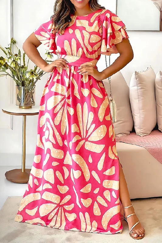 Graphic Print Ruffle Sleeve Urban Belted Side Slit Maxi Dress Chic Boho Print Maxi Dress