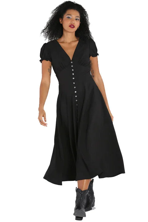 Hell Bunny Jinx Maxi Dress Sparkly Buttons Stylish Off-Shoulder Maxi Dress