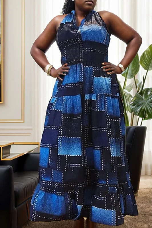 Imitation Denim Print Relaxed Halter Collar Ruffle Maxi Dress Elegant Maxi Dress with Ruffles Imitation Denim Print Relaxed Halter Collar Ruffle Maxi Dress Elegant Maxi Dress with Ruffles