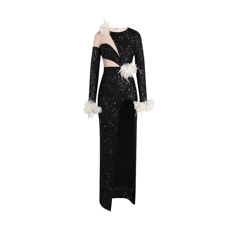 Karen Long Sleeve Backless Sequins Maxi Dress Classic Black Maxi Dress