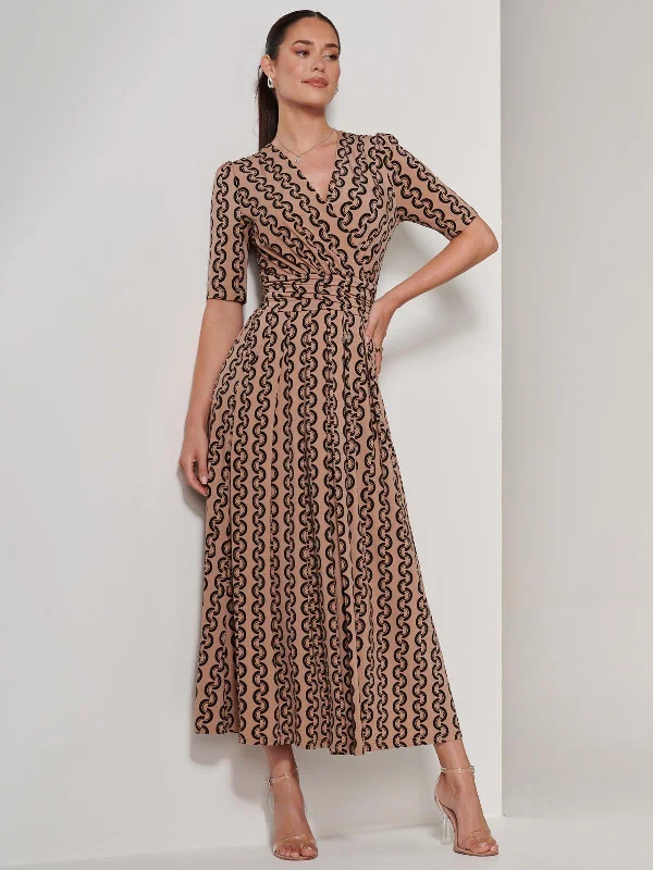 Karmie Jersey Pleated Maxi Dress, Brown Geo Classic Tulle Maxi Dress