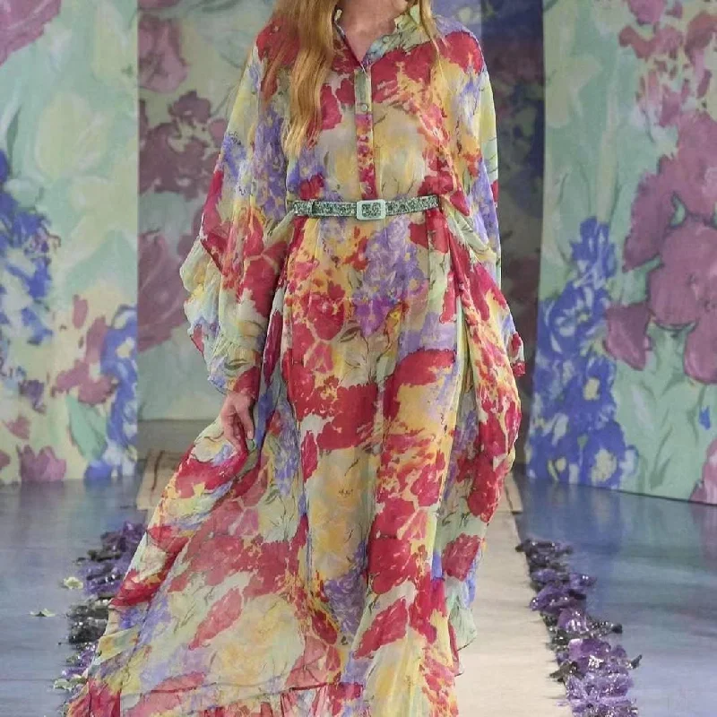 Lanna Lantern Sleeve Autumn Print Maxi Dress Fashionable Layered Maxi Dress