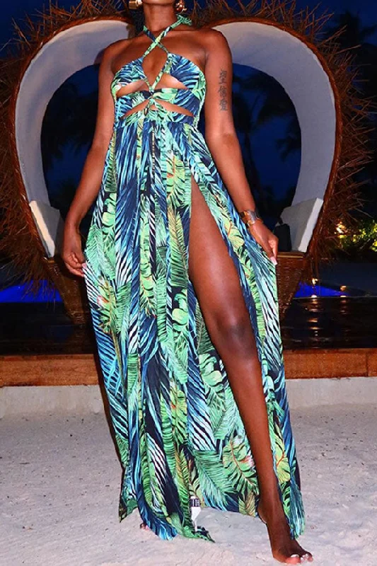 Leaf Print Halter Collar Strappy Tropical High Split Maxi Dress Trendy A-Line Maxi Dress