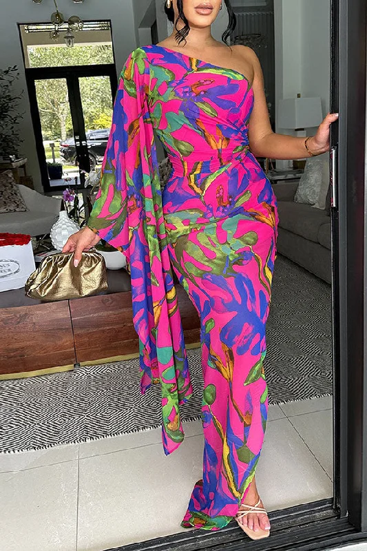 Leaf Print Romantic Irregular One Shoulder Maxi Dress Elegant Maxi Dress with Drapes Leaf Print Romantic Irregular One Shoulder Maxi Dress Elegant Maxi Dress with Drapes