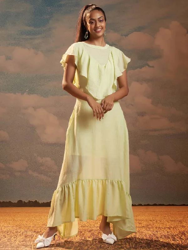 Lime Green Solid Poly Viscose Flared Maxi Dress Elegant Floral Maxi Dress